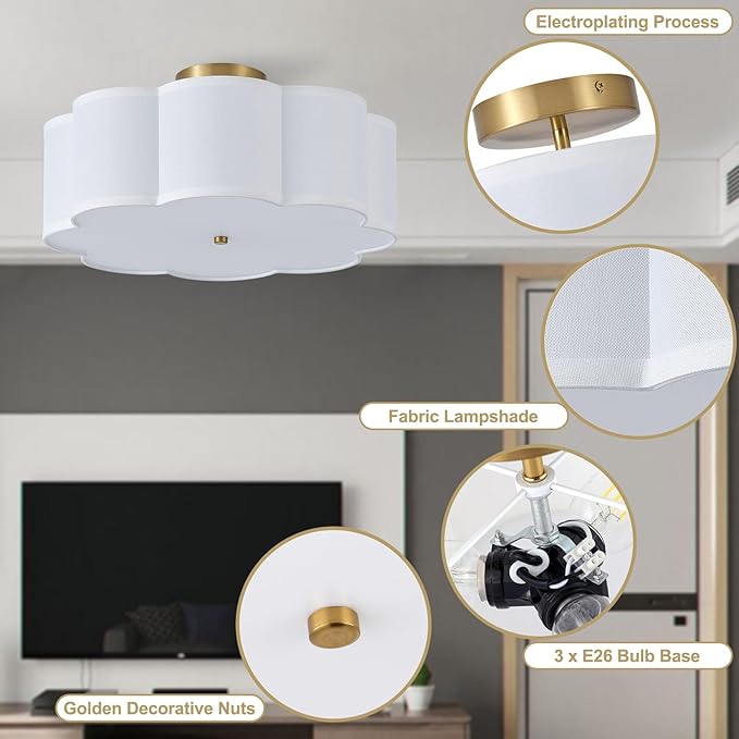 17.7" Semi Flush Mount Ceiling Light Fixture, 3-Light Modern Close to Ceiling Light with Fabric Flower-Shaped Shade, Light Fixtures Ceiling Mount for Bedroom Nursery(Gold)