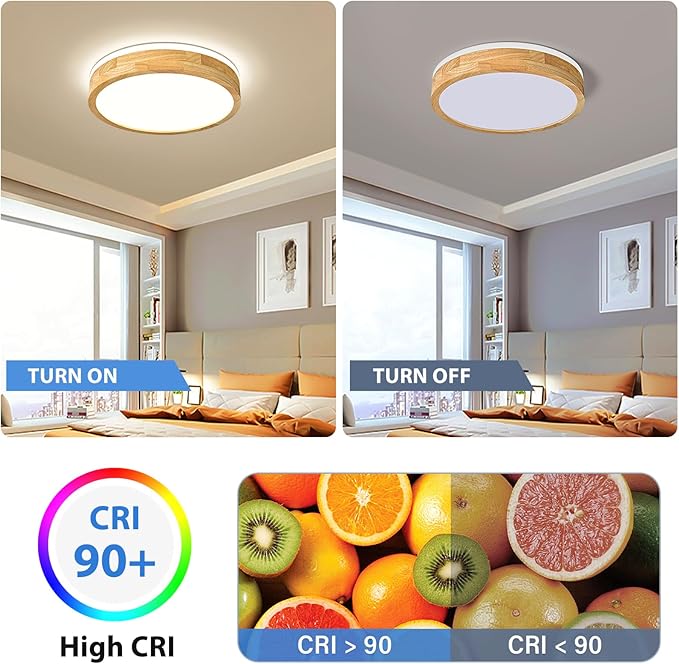 Pevfah Modern Dimmable Wood Flush Mount Ceiling Light, 2700K-6000K 5CCT Round Close to Ceiling Lighting Fixtures, Minimalist LED Ceiling Lamp for Bedroom, Kitchen, Hallway, Living Room-15.74in