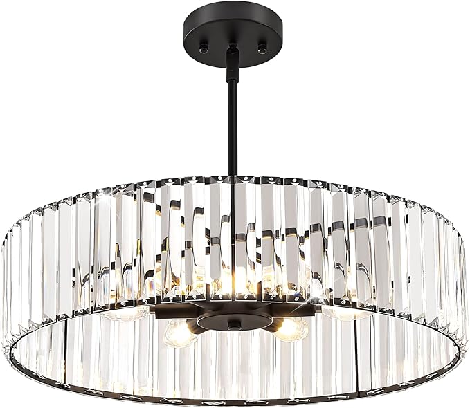 Black Crystal Ceiling Light Fixture, Modern Semi Flush Chandelier, Round Hanging Lighting Chandeliers for Dining Room, Kitchen, Bedroom, 6-Light, 19.68 Inch