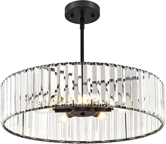 Black Crystal Ceiling Light Fixture, Modern Semi Flush Chandelier, Round Hanging Lighting Chandeliers for Dining Room, Kitchen, Bedroom, 6-Light, 19.68 Inch