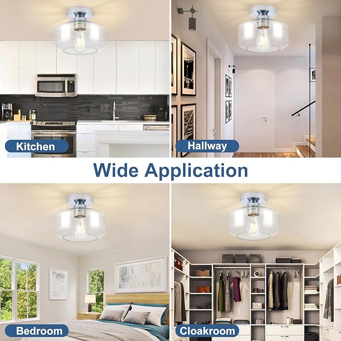 Industrial Semi Flush Mount Ceiling Light: Chrome Kitchen Lighting Fixtures Ceiling with Clear Glass - Vintage Hallway Light Fixtures E26 Bulb Included - 8.46” Light Fixtures Mount for Foyer