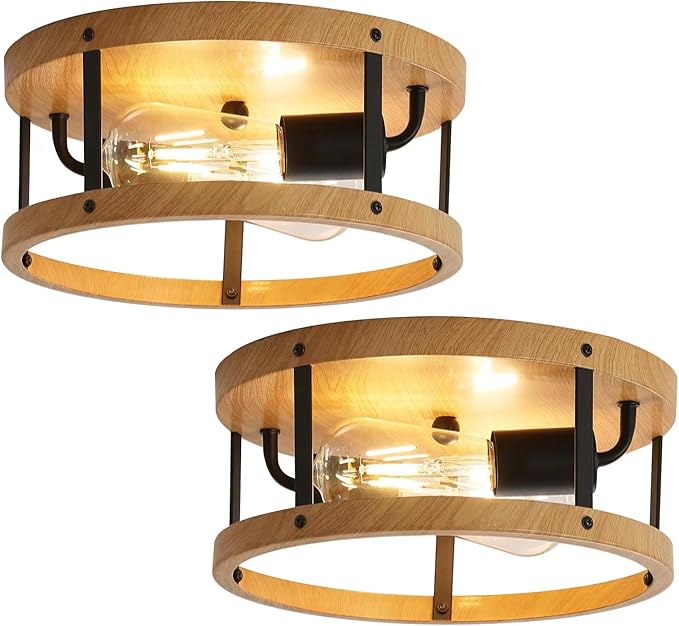 2-Pack Wood Finish Ceiling Light, Round Drum Close to Ceiling Light with Black Metal, Easy Assembled,11Inch Industrial Farmhouse Ceiling Lamp for Hallway Laundry Bedroom Balcony
