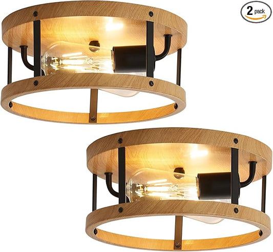 Flush Mount Ceiling Light Fixture, 11inch 2-Light Drum Close to Ceiling Lighting, Rustic Black Metal and Wood E26 Base Hanging Lamp for Hallway, 2 Pack