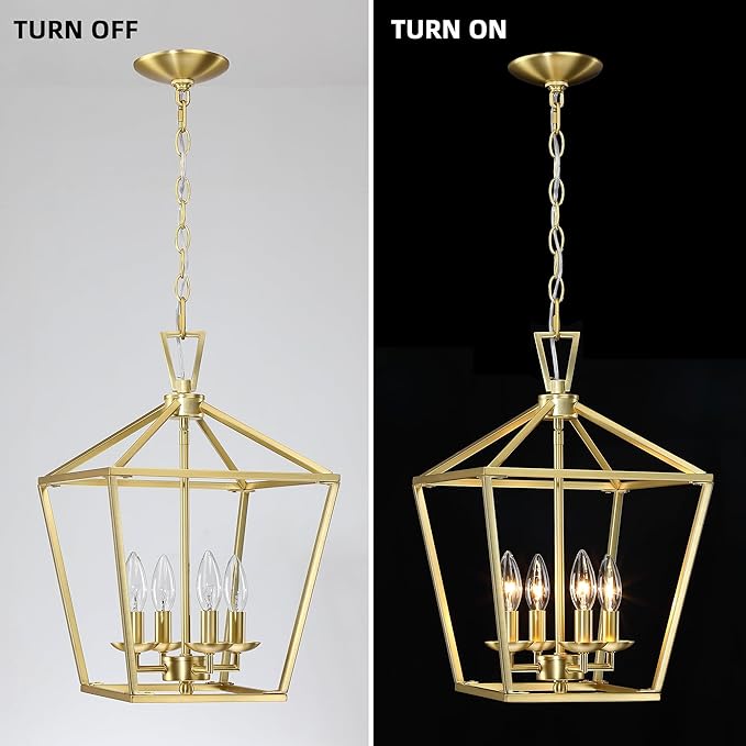 Untrammelife Gold Lantern Chandelier 4-Light Pendant Light Modern Hanging Pendant Light Fixtures in Brushed Brass Finish, Adjustable Metal Chain Geometric Chandelier for Kitchen Island Stair Foyer