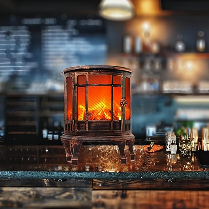 Simulated LED Fireplace Lantern USB & Battery Powered Flameless Light with Emulation Flame Table Decorative Lamp Copper Fireplace Ornament for Cozy Home Decor Free Standing Electric Log Burner