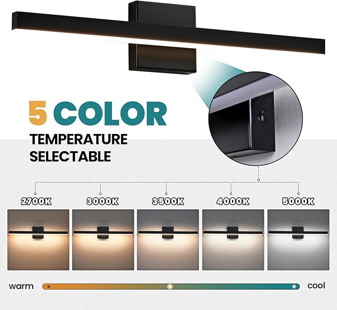 KAISITE Modern Black Bathroom Light - 24 inch Dimmable 5CCT LED Bar Vanity Light Over Mirror