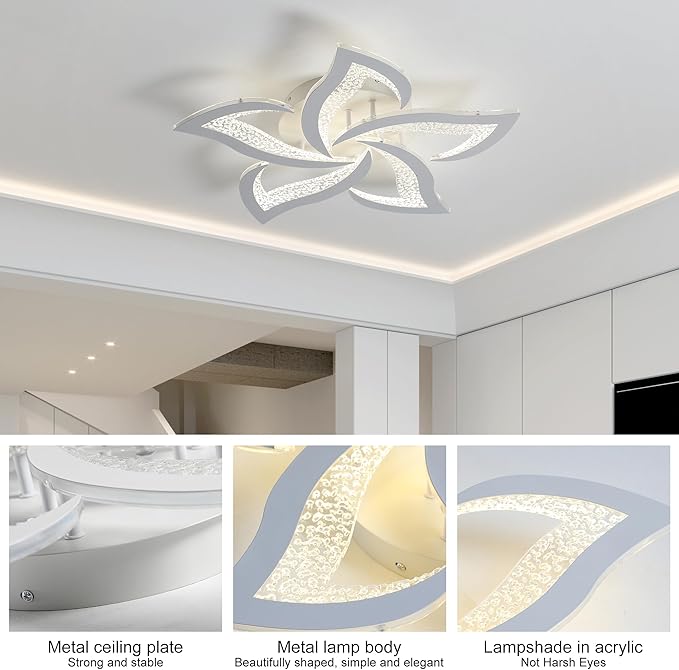Garwarm Modern Ceiling Light,23.6” Dimmable LED Chandelier Flush Mount,Remote Control Acrylic Flower Celing Lamp Fixture for Living Room Dining Room Bedroom Hallway 45W White