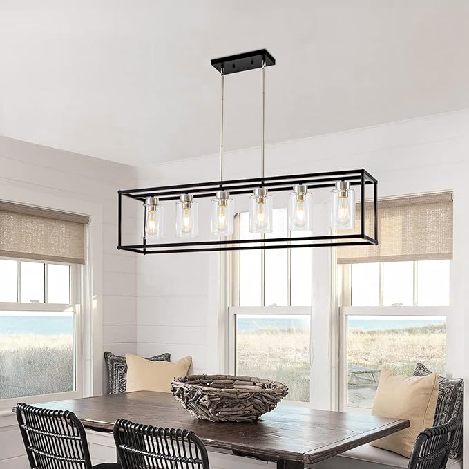 6 Lights Modern Dining Room Light Fixtures Over Table Black & Brushed Nickel Farmhouse Chandeliers Rectangular Pendent Lighting for Kitchen with Glass Shade Linear Hanging Industry Ceiling Light
