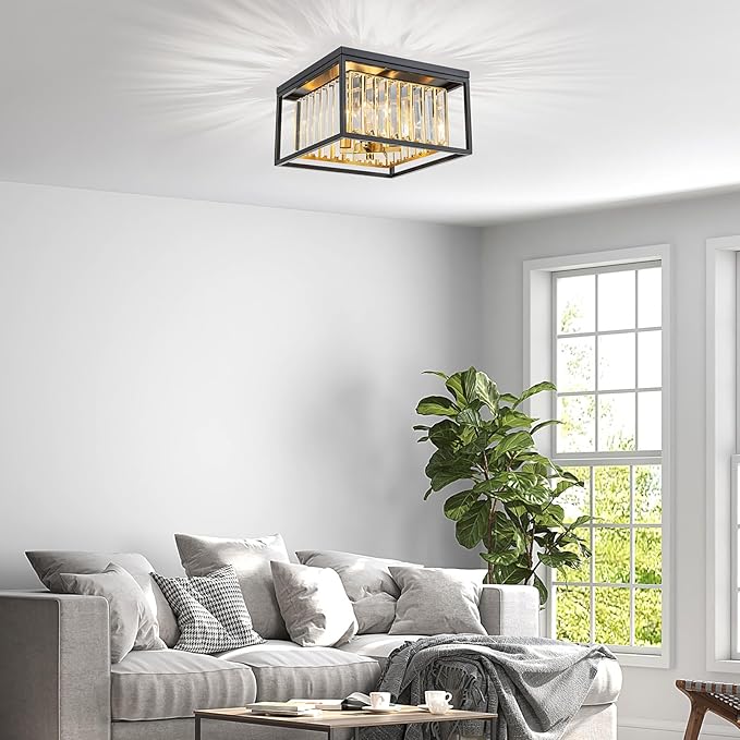 LumFurn 4-Lights Crystal Ceiling Light, 2-Tier Square Flushmount Light Fixture for Living Room, Foyer, Bedroom, L12 x W12 x H7, Brass & Gold Finish