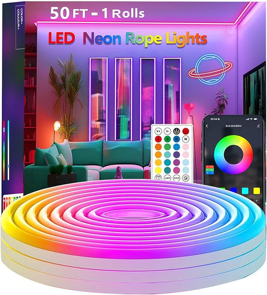 50FT Neon Rope Lights,Flexible Led Light Control with App/Remote,Multiple Modes,IP65 Outdoor Waterproof,Music Sync Strip for Bedroom