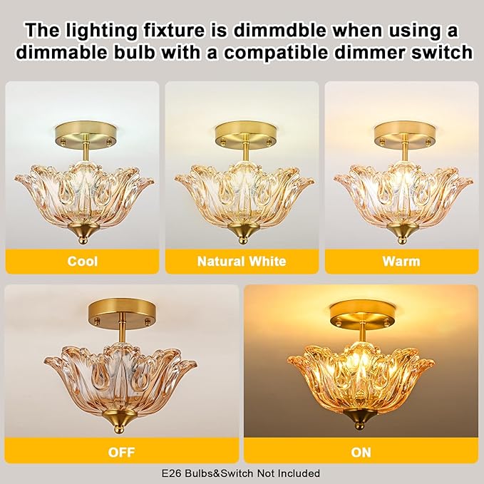 Semi Flush Mount Ceiling Light, Gold Vintage Light fixtures with Floral Amber Glass Shade, Modern Close-to-Ceiling Lighting for Bedroom Kitchen Living Room Hallway