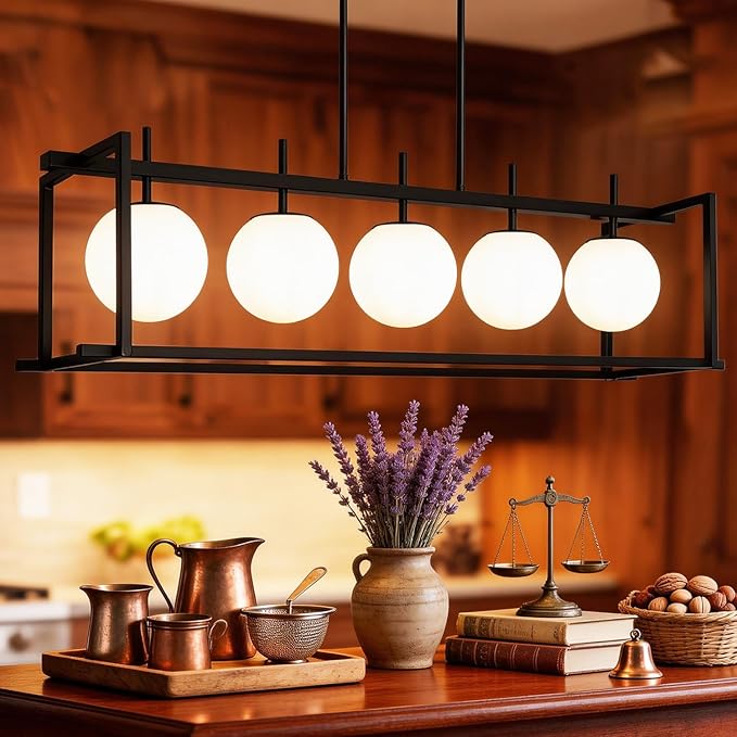 DSMJFU Black Farmhouse Rectangular Chandelier for Dining Room, 5-Light Linear Pendant Lighting, Rectangular Kitchen Island Light with Milky White Glass Ball Shades, Adjustable Height Hanging Lighting