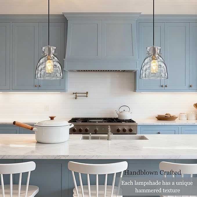 Brushed Nickel Pendant Lights Kitchen Island 2 Pack, 5.9“ Mini Hammered Glass Pendant Light Fixtures, Adjustable Modern Hanging Lights Kitchen Pendant Lighting over Island Sink Bathroom Dining Room