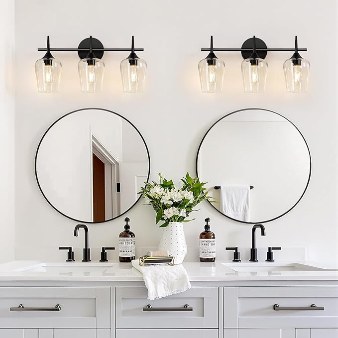MOKATNG 3-Light Bathroom Light Fixtures, Black Vanity Lights for Bathroom with Clear Glass, 19.5 Inch Bathroom Lighting Fixtures Over Mirror, Modern Wall lamp for Cabinet Hallway