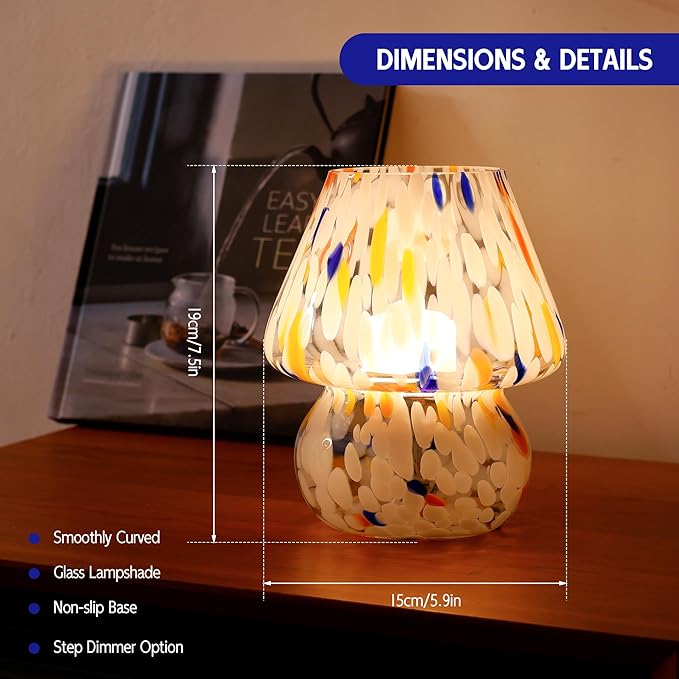 ULAROOM Cordless Mushroom Lamp-Modern Small Battery Operated Table Lamp with Timer for Home Decor,Aesthetic Glass Battery Powered Lamp for Bedroom/Kitchen/Living Room/Shelf Decor(White&Blue)