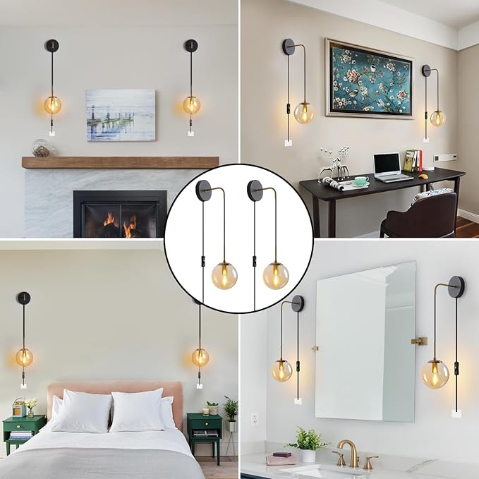 Wall Sconces Set of Two Black and Brass Gold 🔥🔥🔥 Plug in Wall Sconces Set of 2 with Globe Amber Glass Shade Wall Lights Wall Lamps for Bedrooms Sconces Wall Decor Set of 2 with Plug in Cord Switch