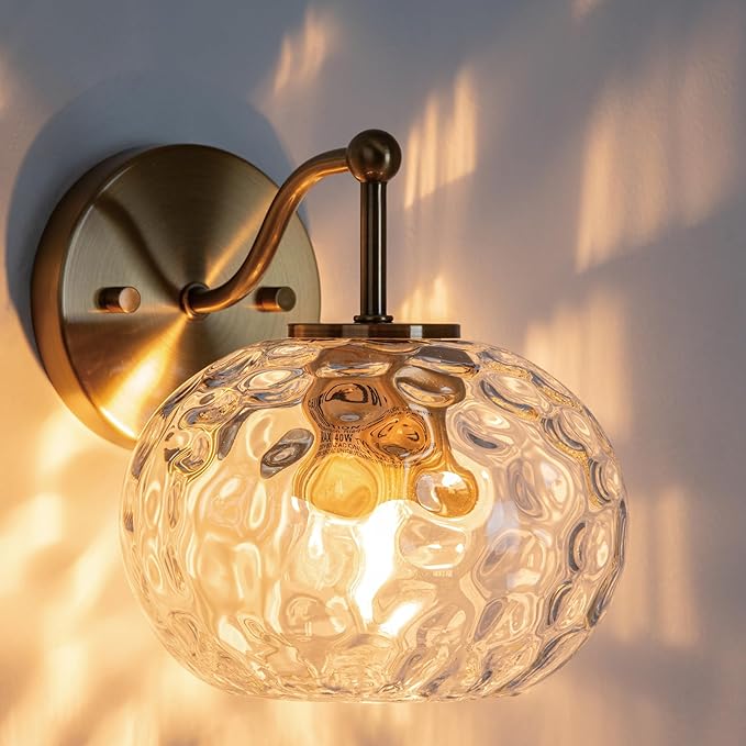 Modern Iridescent Glass Wall Sconce Gold Brass Wall Light Set of 2 Hammered Clear Glass Vanity Light for Bedroom Hallway Living Room Stairwell Bathroom Over Mirror