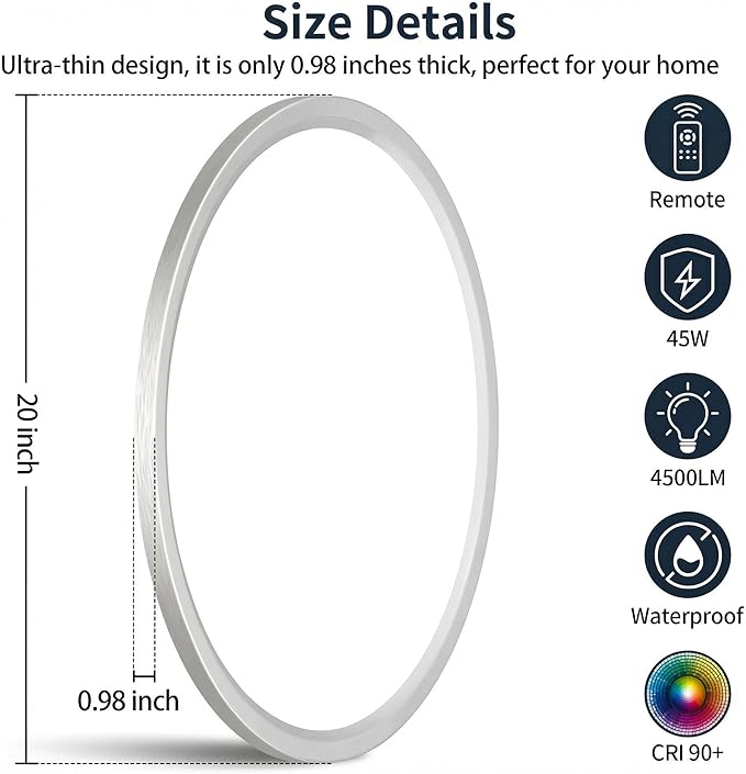 MOONSEA 20 Inch LED Flush Mount Ceiling Light 45W, Large Ceiling Light with Remote Control, Round Dimmable 3000K-6500K Adjustable, Modern Slim Flat Panel Lights for Bedroom, Kitchen, Brushed Nickel
