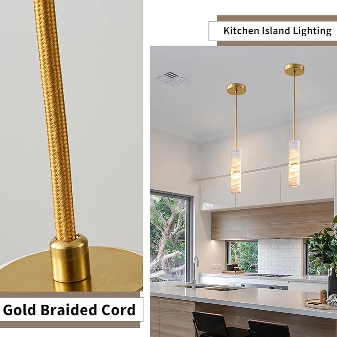 Natural Alabaster Pendant Light Fixture, Modern Marble Kitchen Island Lamp, 9.8" x 2.4" Long Tube Alabaster Chandelier, Small Pendant Light for Bedroom, Dining Room, Living Room (E12 Bulb - 1 Pack)