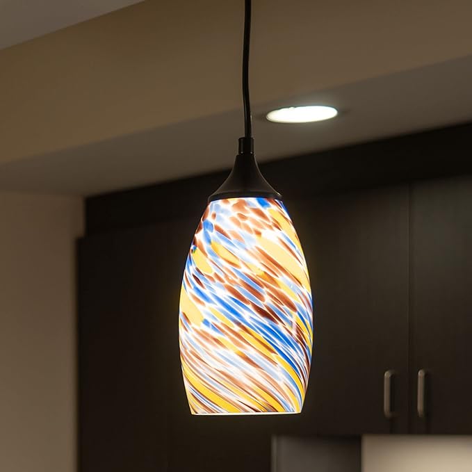 VAXCEL Milano Matte Black Mini Pendant Ceiling Light Multi Color Swirl Art Glass