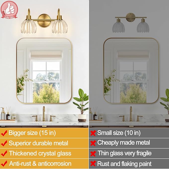 Bathroom Vanity Light (2-Light, 15 in), Brushed Gold Vanity Lights for Bathroom with Ribbed Clear Tulip Glass Shade, Vintage Vanity Wall Lights for Mirror Bedroom Living Room Hallway