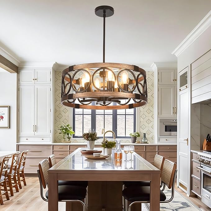 Semi Flush Mount Ceilnig Light,6-Light Farmhouse Chandelier Rustic Light Fixture Ceiling Mount 19.7" Vintage Drum Chandelier for Dining Room Light Fixtures for Kitchen