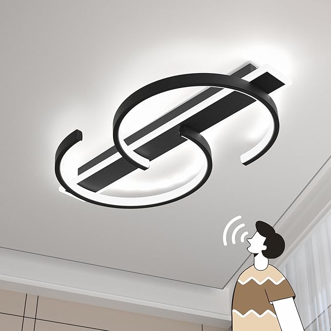 Modern Ceiling Light 23.62in 2 Rings Black Voice Control Bedroom Lights for Ceiling 3000-6000K LED Ceiling Light Fixtures Flush Mount Ceiling Lamps for Living Room Study Kitchen 55W