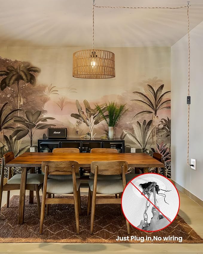 12.6 Inch Boho Hanging Light with Plug in Cord Rattan Hanging Lamp Hand Woven Rattan Wall Lightfor Bedroom, Living Room, Kitchen, Nursery, E26 Base, Indoor,Without Bulb