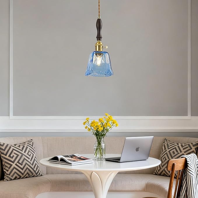 Blue Glass Vintage Pendant Light Height Adjustable Handmade Glass Pendant Lights Kitchen Island Gold Hanging Light Fixture with Wood Handle for Bedroom Dining Room Hotel (1 Pack)