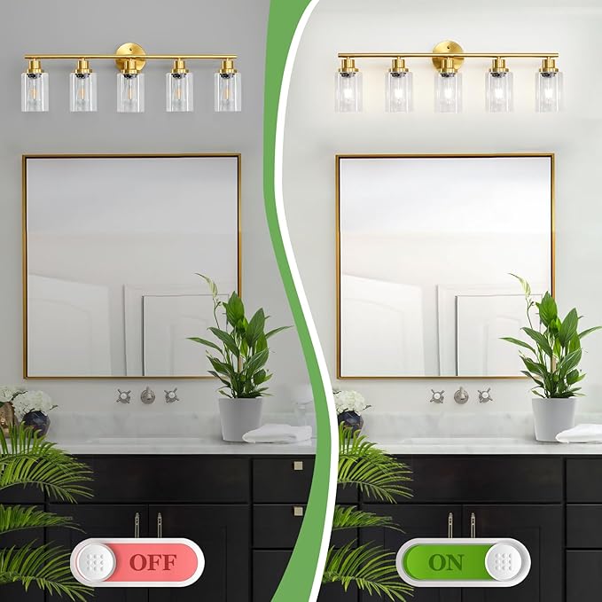 5-Light Bathroom Vanity Lights, E26 Modern Brushed Gold Bathroom Light Fixtures with Clear Glass Shade, Mirror Kitchen Hallway Cabinet Living Room Sconces Wall Lights