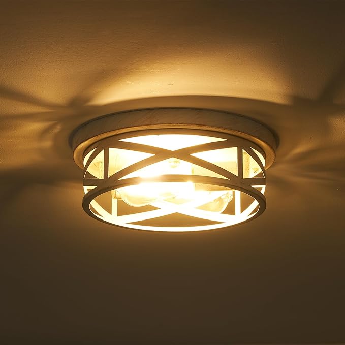 2-Pack Cage Flush Mount Ceiling Light Fixtures, Indoor Modern Close to Ceiling Mount Lights, White and Gold, E26 Base House Lights for Kitchen Bedroom Living Room