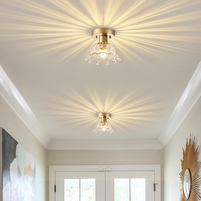 2 Pack Gold Modern Ceiling Light, Small Kitchen Light Fixtures, Glass Semi Flush Mount Ceiling Light for Hallway, Foyer, Entryway, Laundry Room (7 in)