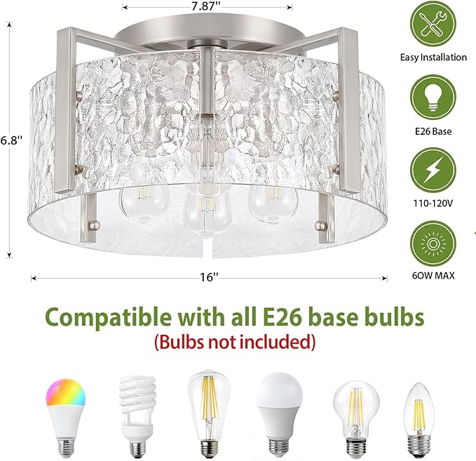 4-Light Modern Semi Flush Mount Ceiling Light Silver, 16'' Entryway Light Fixture, Glass Ceiling Mount with Hammer Glass for Passage Aisle Kitchen Island Dining Room Living Room Lighting Fixtures
