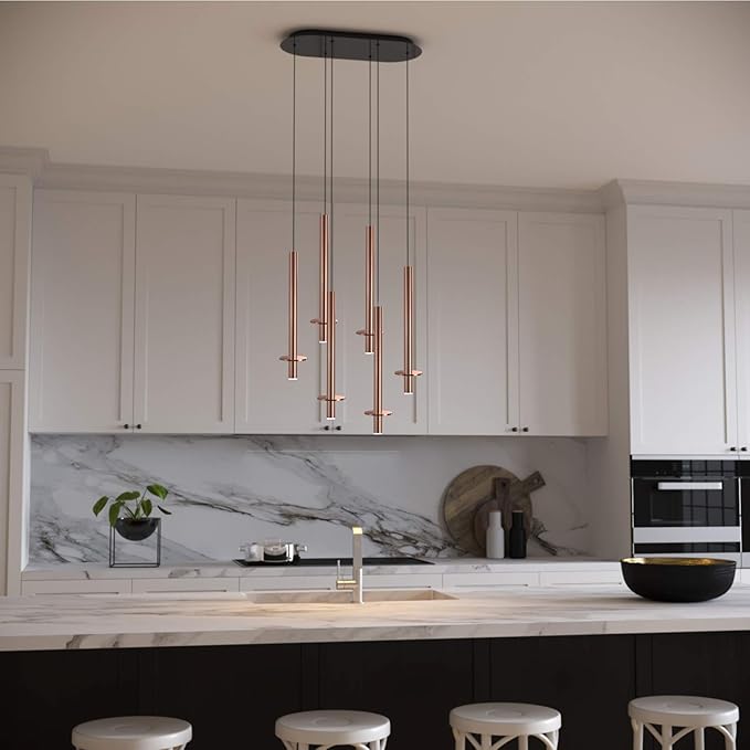 Draco 6 Pendant Lighting Copper – LED Hanging Light Fixture for Kitchen Island, Bar, Foyer – Equilateral Cluster of Mini Metal Rod Pipe Tube Cylinders – Dimmable, Adjustable Wire, Lamp Bulb Included