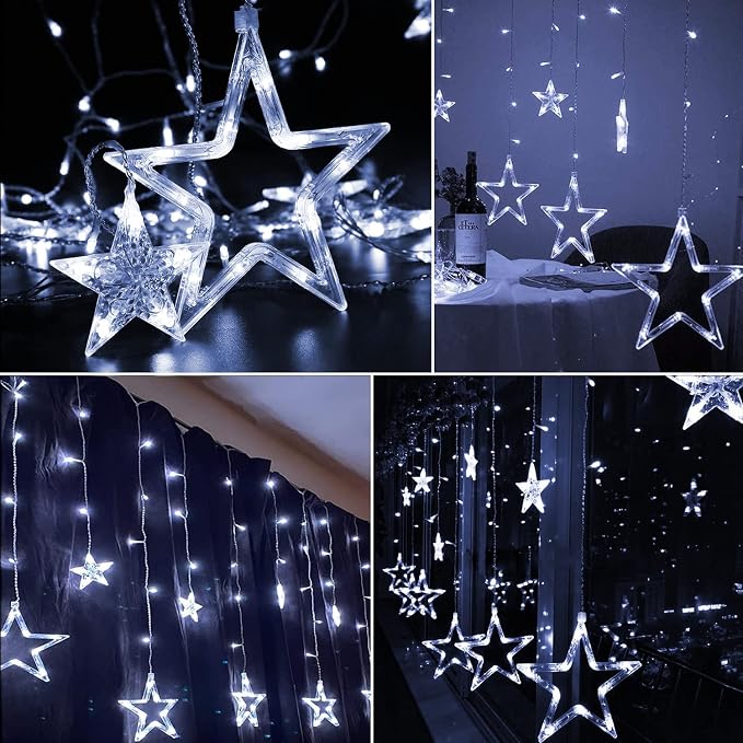 Blingstar Star Curtain Lights - 138 LED 12 Star Lights, 8.2ft Extendable, 8 Modes, Remote, Cool White