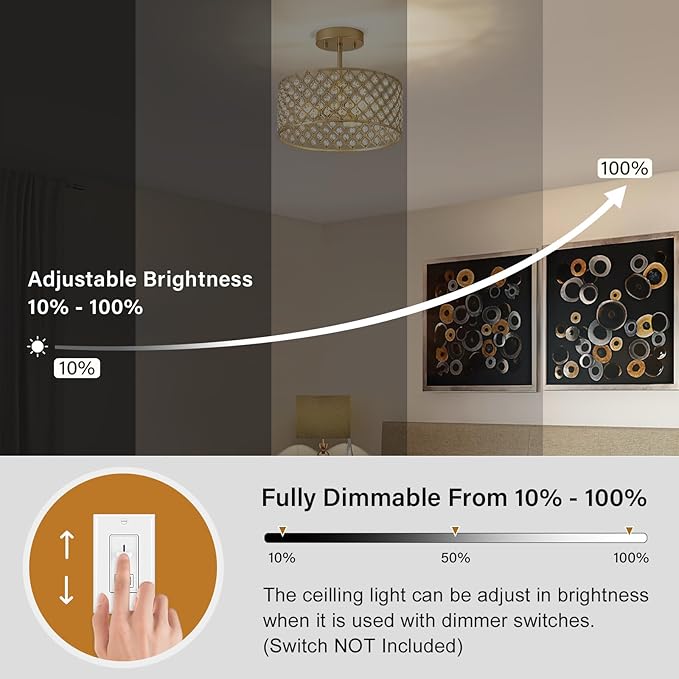 Gold Crystal Ceiling Light Fixture,Modern Semi Flush Mount Ceiling Lighting Fixture,Round Small Chandelier for Dining Room, Hallway, Entryway, Kitchen, Bedroom,Foyer,3 Light,12 inch