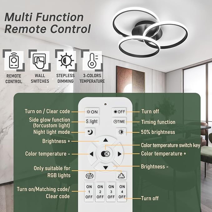 Modern Led Ceiling Light Fixtures with Remote Control, Dimmable Flush Mount Ceiling Light for Bedroom, Living Room, Dining Room, Kitchen (Black, 3000K-6500K)