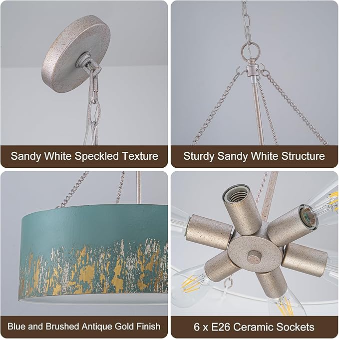 24" Blue Drum Chandelier,6-Light Modern Vintage Pendant Lights with Hand-Brushed Gold Finish,Adjustable Hanging Light Fixture for Dining Room,Kitchen Island,Living Room,Entryway