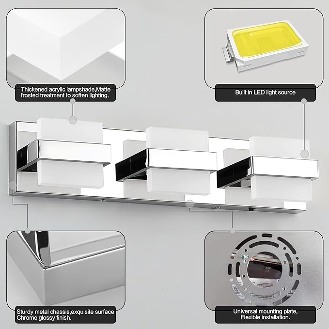 SOLFART 3-Lights Chrome Bathroom Light,Vanity Light Over Mirror, Modern LED Light Fixtures, 5 Color Temperature Adjustable Modern Light for Bathroom