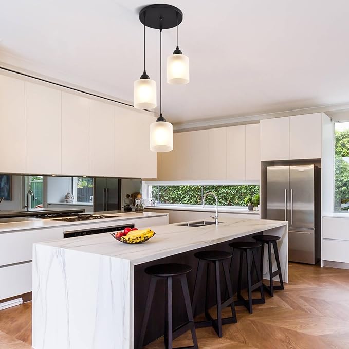 3 Lights Industrial Pendant Light with Glass Shade Matte Black Pendant Lighting Adjustable Industrial Retro Style Hanging Light,Kitchen Island Farmhouse Pendant Lights Fixtures for Kitchen,Farmhouse