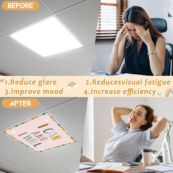 6 Pcs Fluorescent Light Covers with 48 Magnets Decorative for Classroom Ceiling Lights 2 x 2 Feet Magnetic Light Cover Filter Easy Install for Office Hospital Home Ceiling Supplies (Boho Motivational)