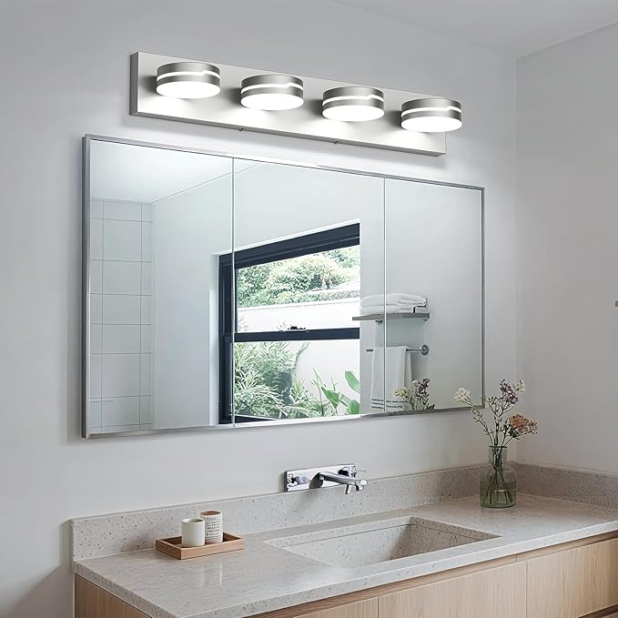 Modern 4-Light Brushed Nickel Bathroom Light Fixture for Bathroom Lighting Fixtures Over Mirror 24W Brushed Nickel Vanity Led Lighting with 350°Rotatable Acrylic Heads (Cool White 5500k)