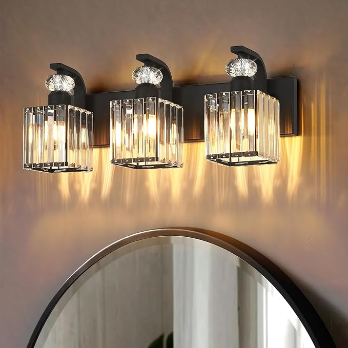 Modern Bathroom Vanity Light, 3-Light Black Bathroom Lighting Fixtures Over Mirror, 20.5" Crystal Wall Light Sconce for Bathroom/Bedroom/Vanity, Includes LED Bulbs, Easy Installation