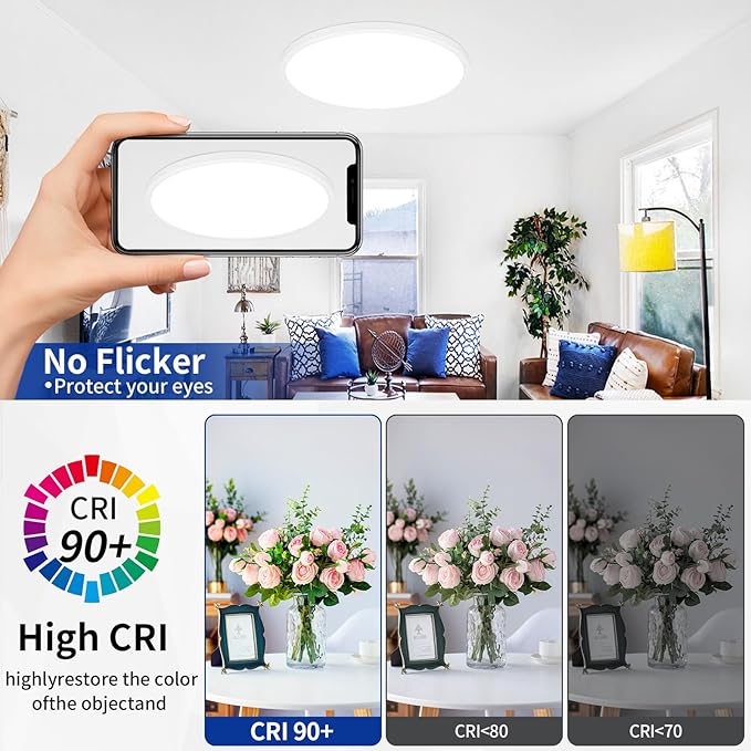 20 Inch Large Flush Mount Ceiling Light Fixture, Dimmable with Remote Control, White, Ultra Thin, 48W 4800Lumen, for Bedroom, Living Room, Kitchen, Dining Room, Home Office
