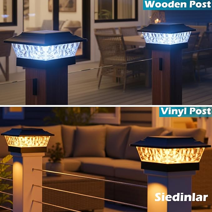 SIEDiNLAR Solar Post Lights Outdoor 12 LEDs 4 Modes Post Cap Light for 4x4 5x5 6x6 Wooden Vinyl Deck Fence Posts Patio Garden Decor, Warm/Cool White Dynamic Lighting (2 Pack, Black)