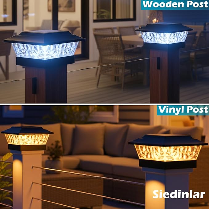 SIEDiNLAR Solar Post Lights Outdoor 12 LEDs 4 Modes Post Cap Light for 4x4 5x5 6x6 Wooden Vinyl Deck Fence Posts Garden Patio Decor, Warm/Cool White Dynamic Lighting (1 Pack, Black)