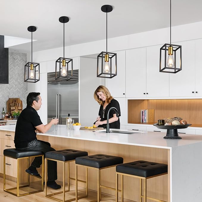 Black Pendant Lights for Kitchen Island Industrial Lantern Pendant Light Fixtures with Golden lamp Cup, Farmhouse Adjustable Height Hanging Pendant Lighting