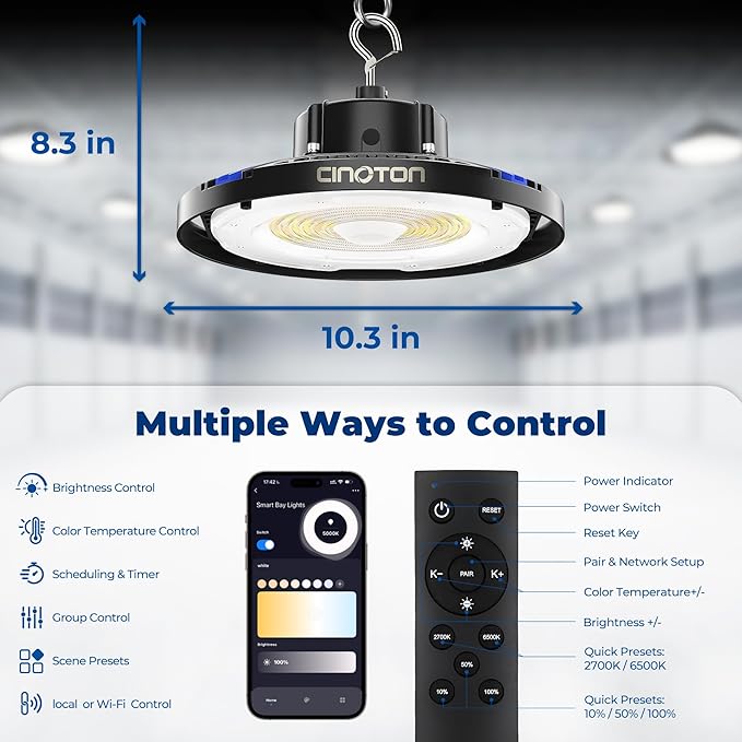 CINOTON Smart UFO LED High Bay Light 150W 21000lm, 2700K-6500K 1-100% Brightness Stepless Dimm Aluminum Shop Lights, ETL Listed Lighting for Garage Factory, APP/Alexa/Remote Control, 120-277V, 1 Pack
