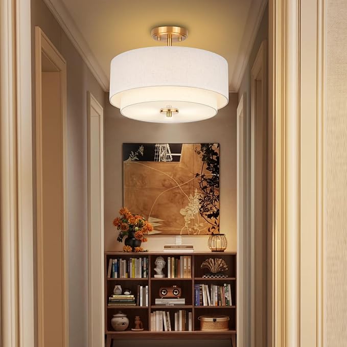 3-Light Semi Flush Mount Ceiling Light, 16" Drum Light with White Fabric Shade, Modern Close to Ceiling Lamp for Living Room Bedroom Dining Kitchen Hallway Entry (Brushed Gold)