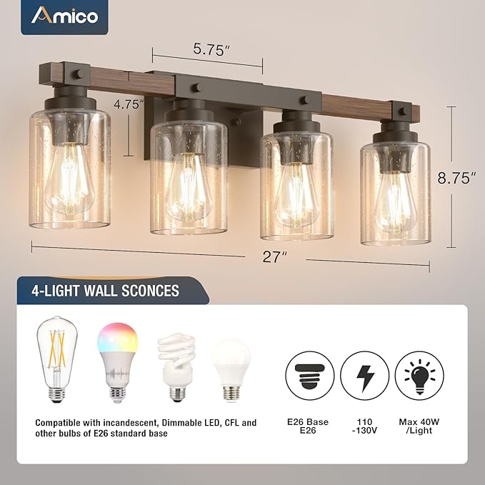 Amico Farmhouse Bathroom Vanity Light Fixtures,Rustic 4-Light Industrial Painted Wood Lights,Vintage Black Wall Sconces Bathroom Vanity Lighting with Bubble Glass Shade
